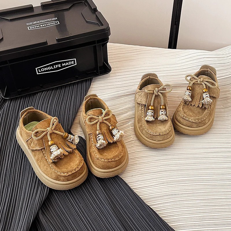 

Kids Flat Shoes Round Toes Classic Children Casual Shoes with Simple Bows 2025 Autumn New Girls Leather Shoes Soft Sole Non-slip