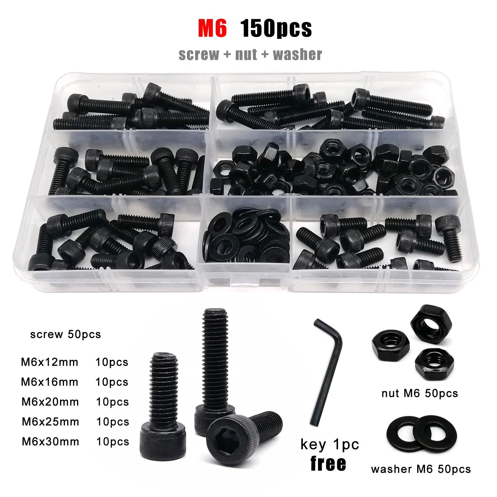 1 Box M1.6 M2 M2.5 M3 M4 M5 M6 M8 DIN912 Black Grade 12.9 Steel Hex Hexagon Socket Allen Cap Head Screw Bolt Nut Assortment Kit