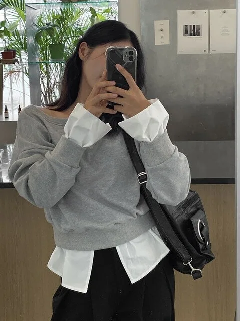 

Chic Shoulder Bared Long Sleeve Loose Fit Hoodie Women's Style Autumn Youthful Elegant Design Casual Streetwear