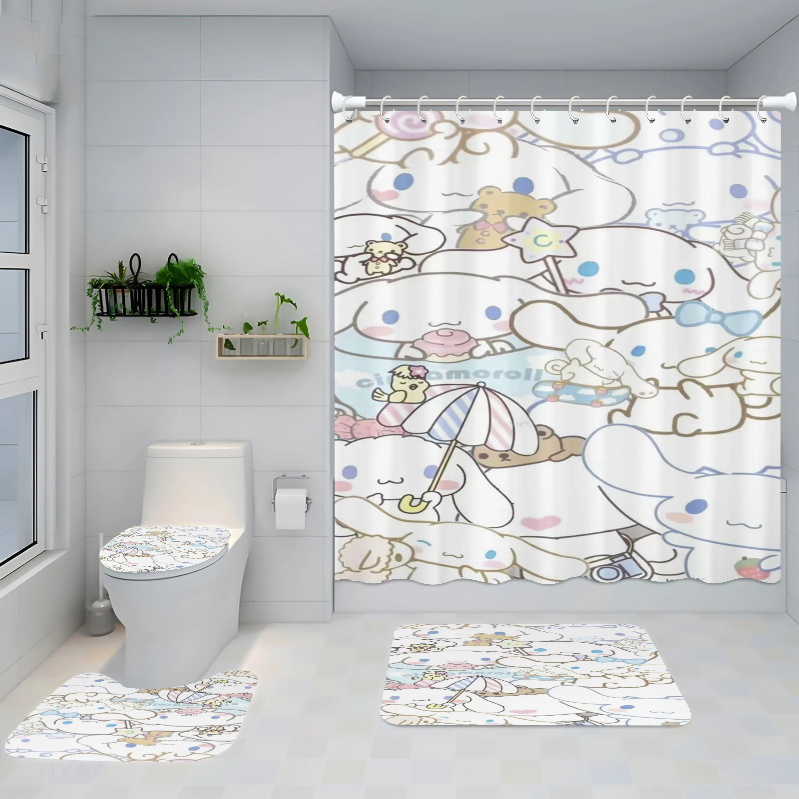 Cinnamoroll 4 Piece Shower Curtain Anime Sanrio Cute Children Bathroom And Accessories Hook up Sets Luxury Decorations