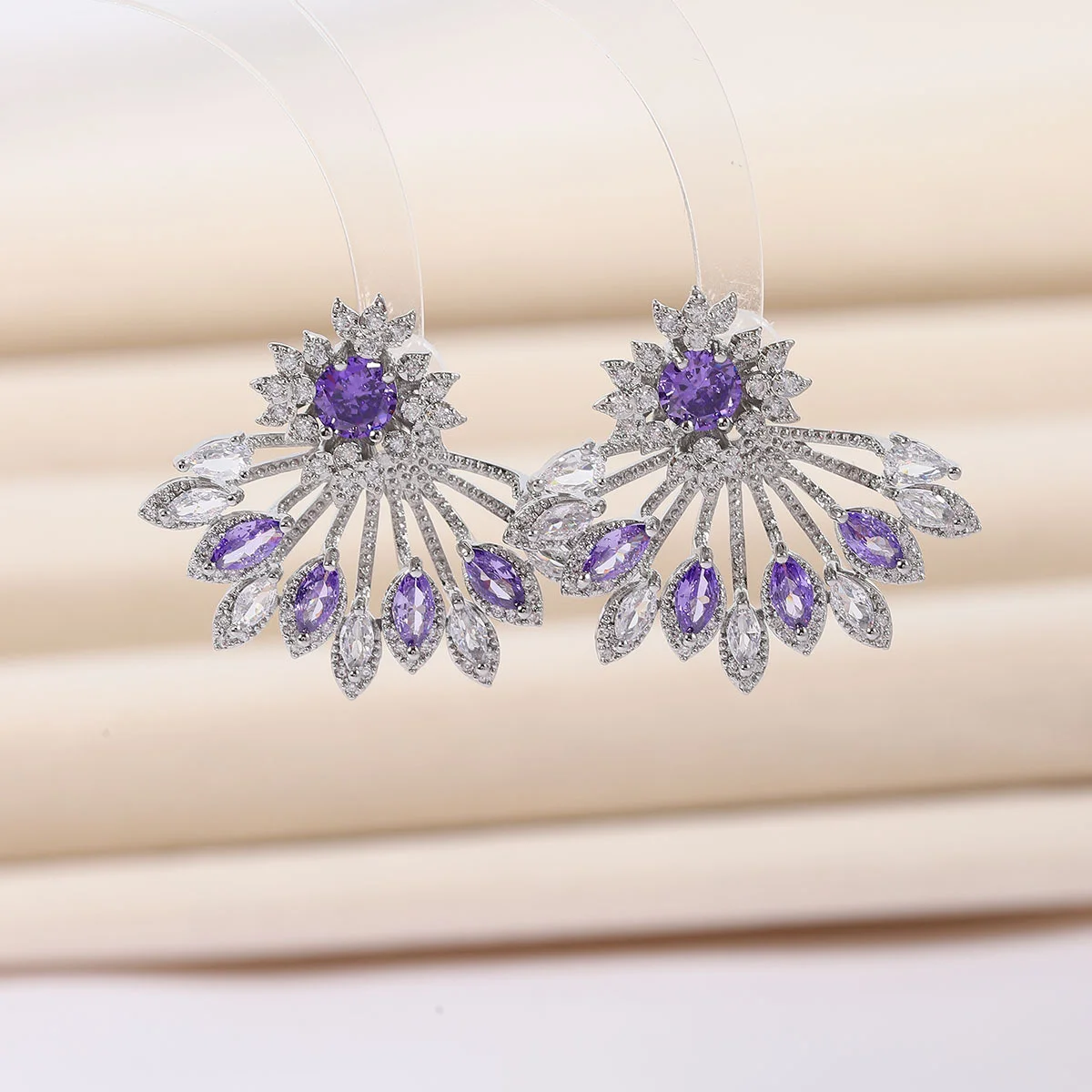 925 Silver Needle Amethyst Fan Shape Drop Earrings, Sparkling Statement Jewelry for Party, Ideal Gift for Women