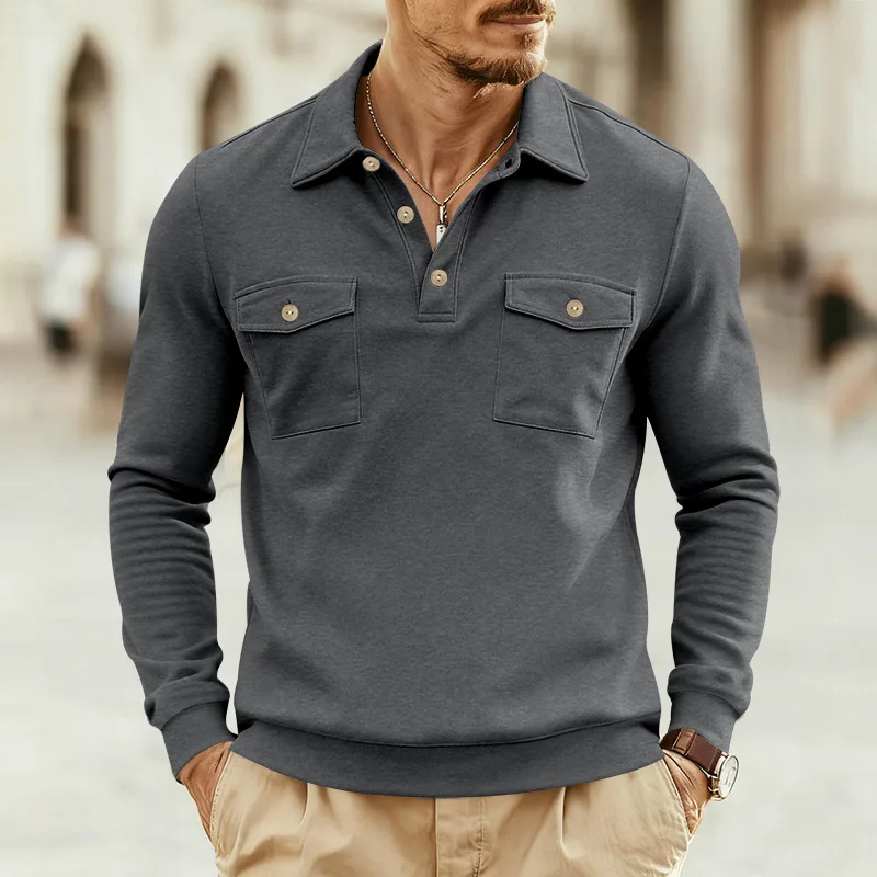 American Turn Down Collar Autumn Pullovers Men Chic Flip Pocket Long Sleeve Sweatshirts Man Button Loose Warm Casual Pullover