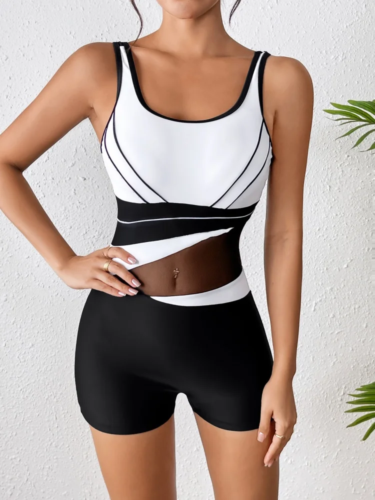 One Piece Swimsuit Women 2026 New Solid Sling Shorts Bodysuit Sexy Splicing Swimwear Summer Monokini Beach Bathing Suit Female