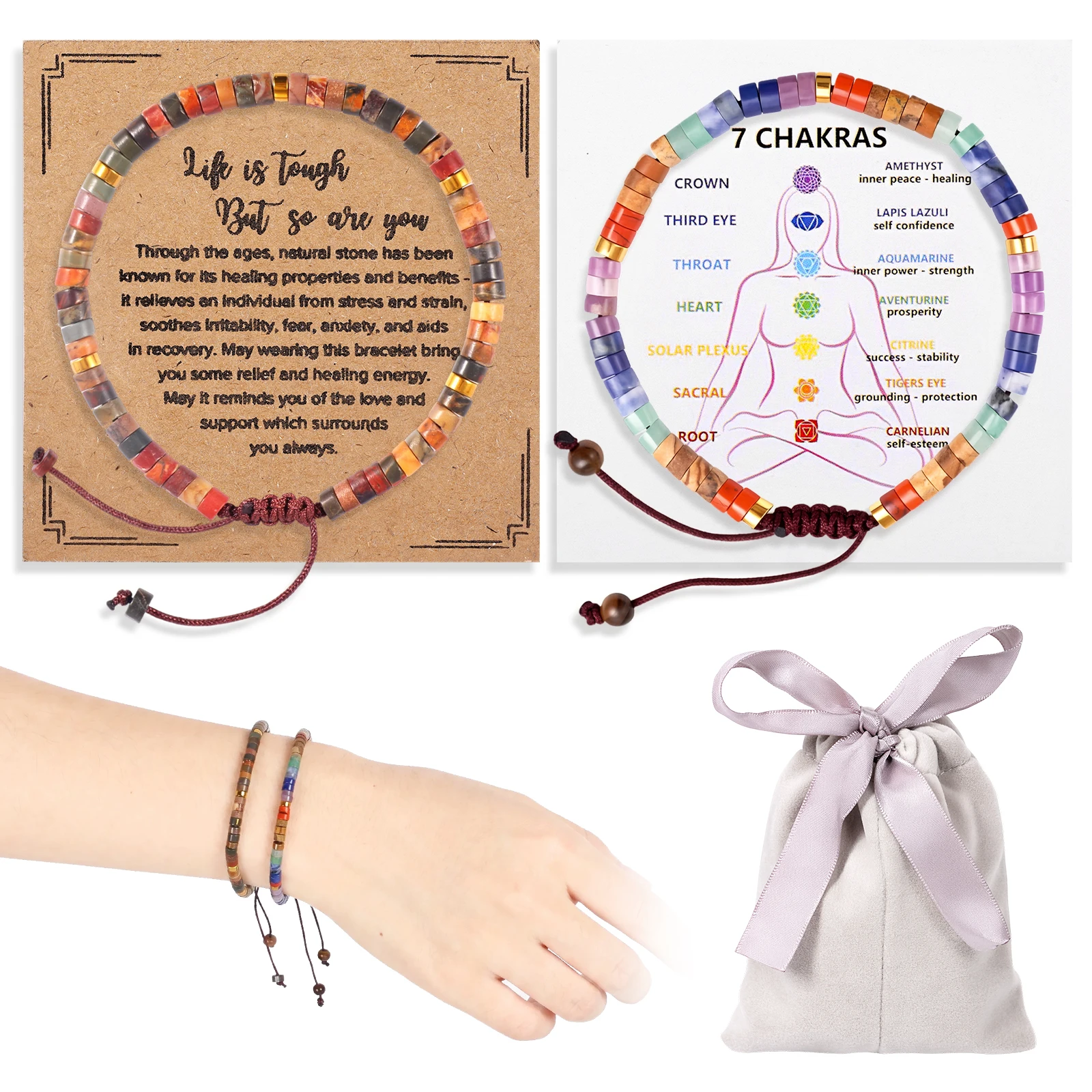 2Pcs Inspirational Bracelets Gift Healing Natural Stone Bracelets Encouragement Gifts Women Mom Friend Sister Strength Bracelets