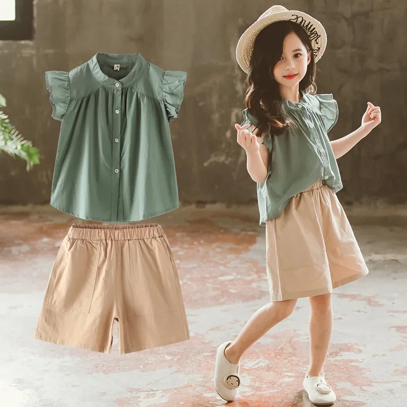 

2025 new teenager Summer Kids Girls clothes Flying Sleeve blouse Shirt + short Leisure loose Pants teens 7 8 9 11 12 13 14 years