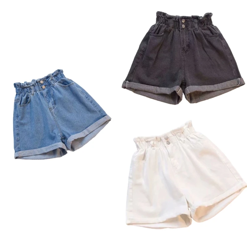 

Women Summer Wide Leg Jeans Shorts Girls Casual Solid Color Loose Elastic High Waist Shorts with Pockets for Street Daily Wear