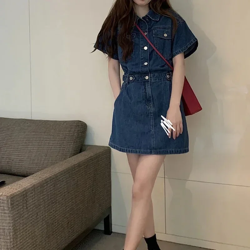 

Pop Pop Denim Dress Women's Top 2025 Summer Waist Thin Blue Retro Jeans Dress Women Short Sleeve Denim Skirt Lady Single-breaste