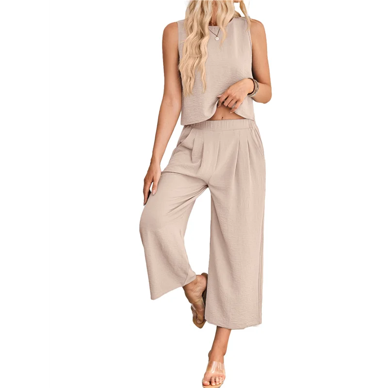

CYL-Women's Summer 2 Piece Outfits Sleeveless Round Neck Tank Crop Basic Top Wide Leg Pants Set With Pockets