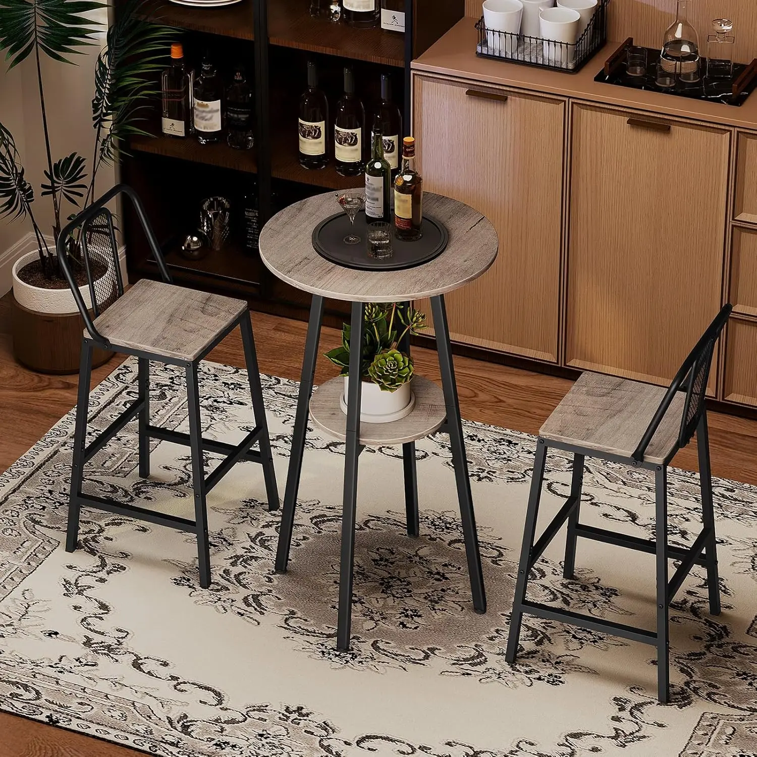 Round Pub Table with Storage, 2-Tier Bistro Table for Small Spaces, Easy to Assemble in Greige