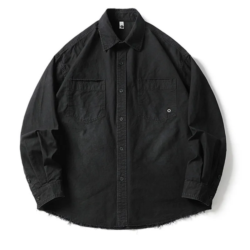 Kemeja Kasual Pria Musim Semi dan Gugur, Model Trendi Jalanan dengan Kerah Tua, Warna Solid Retro, Lengan Panjang Longgar