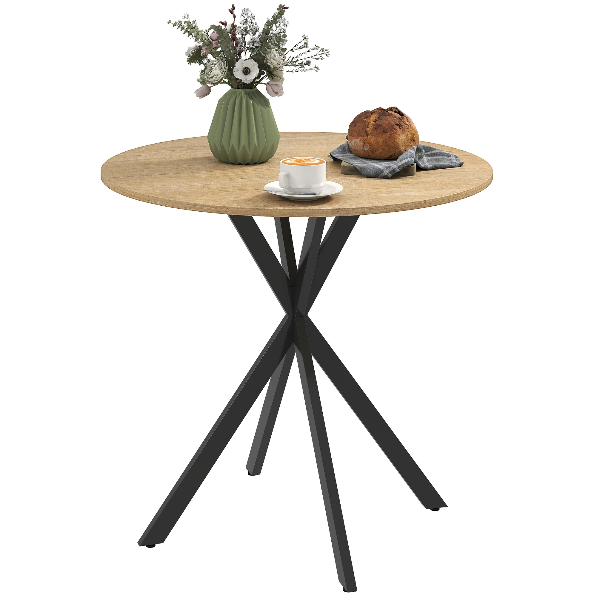 Mesa de comedor redonda para 2 personas con tablero efecto madera y patas de acero cruzadas, acabado en roble blanco