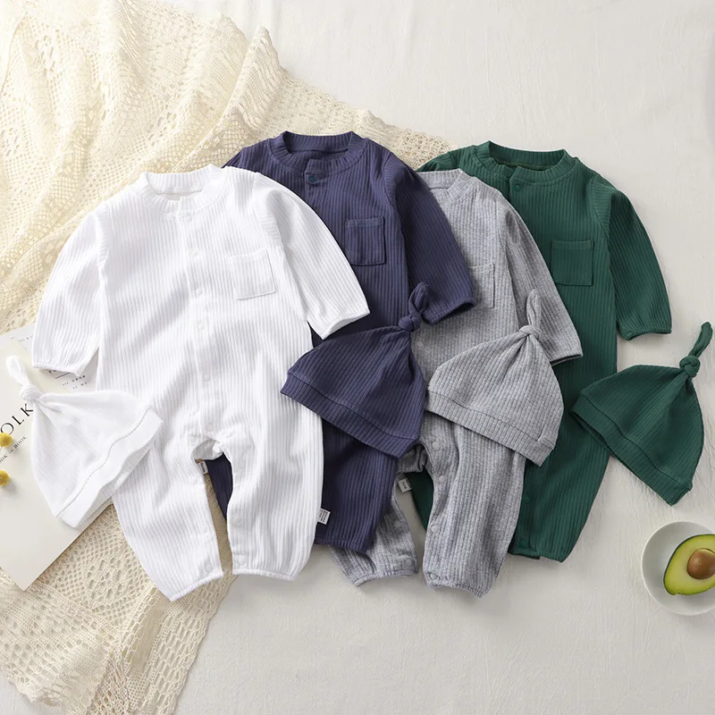 

Solid Autumn Long Sleeve Stripe O Neck Baby Romper Pocket Cute Button Elastic Newborn Kids Rompers with Hat