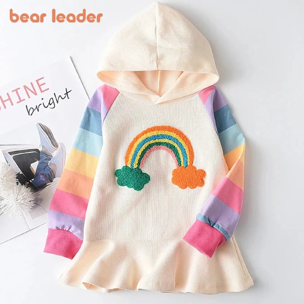 Bear Leader 2023 New Spring and Fall Girls' Dresses Casual Cotton Rainbow Decal Design Hooded Girls Clothing