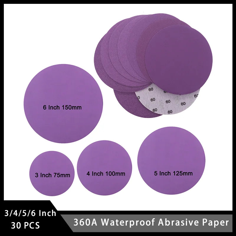 3/4/5/6 Inch 360A Waterproof Abrasive Paper 30 Pcs Assorted 60-10000 Grits Hook and Loop Sandpaper for Polishing and Sanding Car