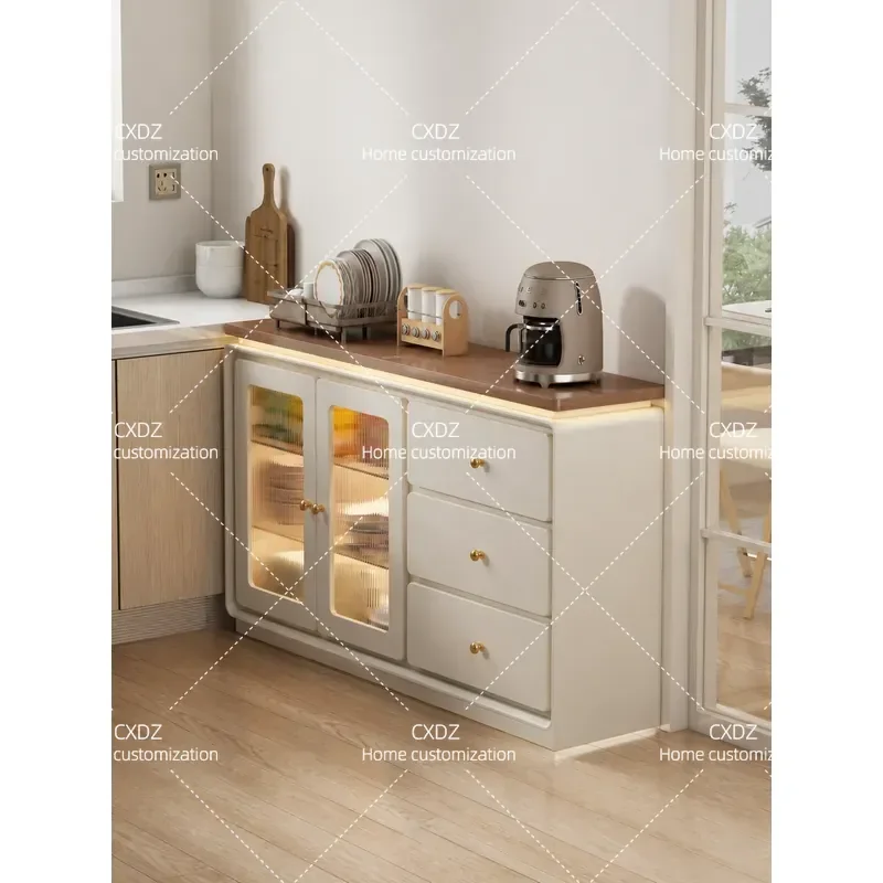 Foshan Integrated Kitchen Cupboard Vegetable Cabinet Solid Wood Dining Sideboard Large Capacity Utility Storage Cream Style