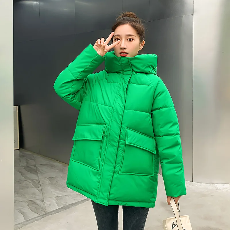 

Autumn Winter Thicken Warm Medium Long Chic Parka Women Casual Sweety Solid Color Big Pocket Loose Hooded Coat Jackets Outwear