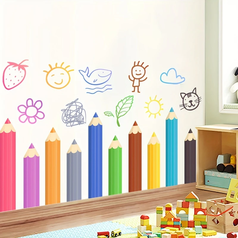 Colorful Pencil Wall Stickers Room Decor with Cute Animals Sun Cloud Removable Vinyl Wall Decals for Classroom Home Accessories