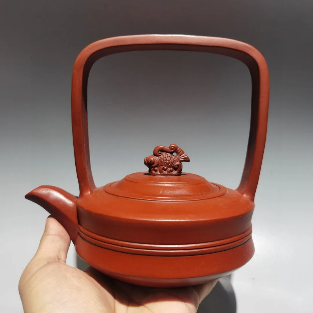 Yixing Teapot Purple Clay Pot Fish statue cover Flat handle pot Kettle  Teapot Pot Tea Tasting Tea Ceremony