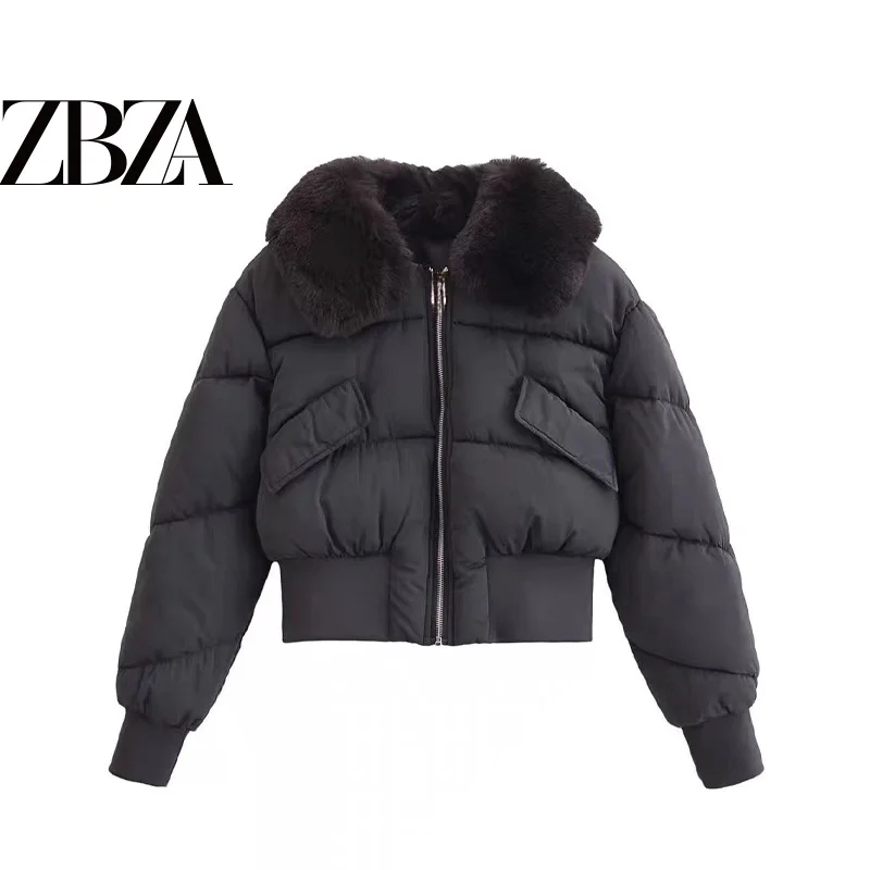 Street Style Thickened Removable Fur Collar Cotton Jacket Women's Fashion Slimming Coat Short Length Zipper Closure  Color