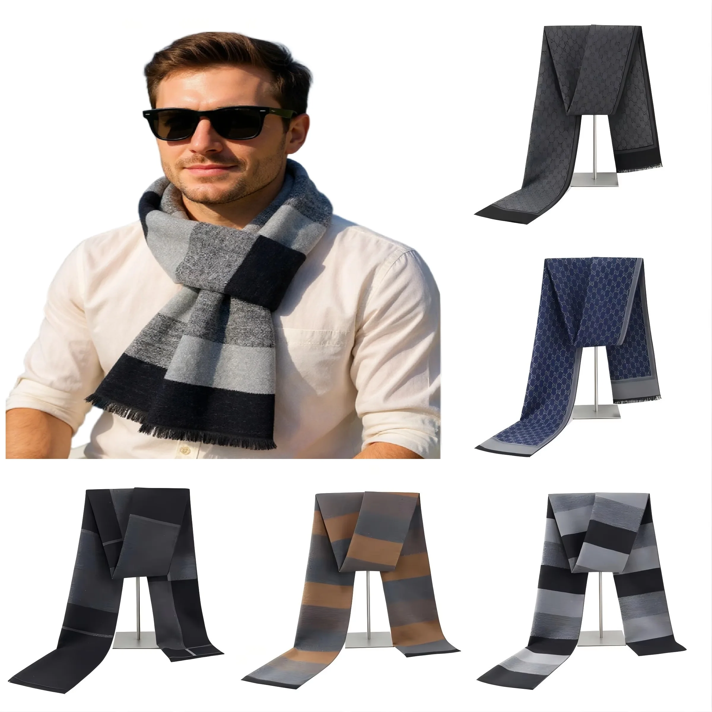 1pc Winter Scarf For Men Check Stripe Paisley Immitation Cashmere Elegant Jacquard Scarves Double Side Warm Windproof Neck Snood
