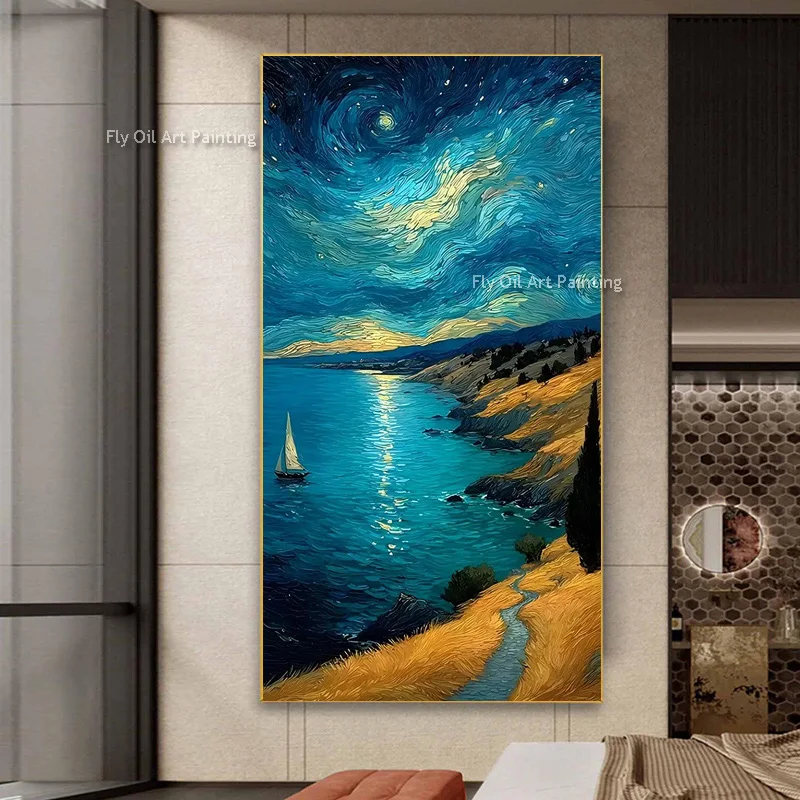 Large Blue Gold Knife Thick Canvas Landscape Oil Painting Hand Painted Starry Night Coastal Sailboat Artwork Home Decor Items