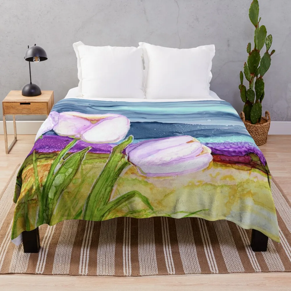 

Tulips in the Wind Alcohol Ink Art Throw Blanket valentine gift ideas Polar Hairys Hair Blankets