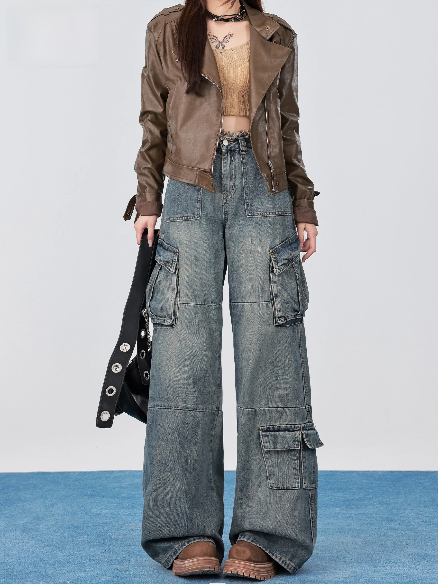 

Американские ретро-джинсы с высокой талией в рабочем стиле, женские, осенние, новые, с множеством карманов, с рваной отделкой по талии, широкие, в пол, с эффектом потертости