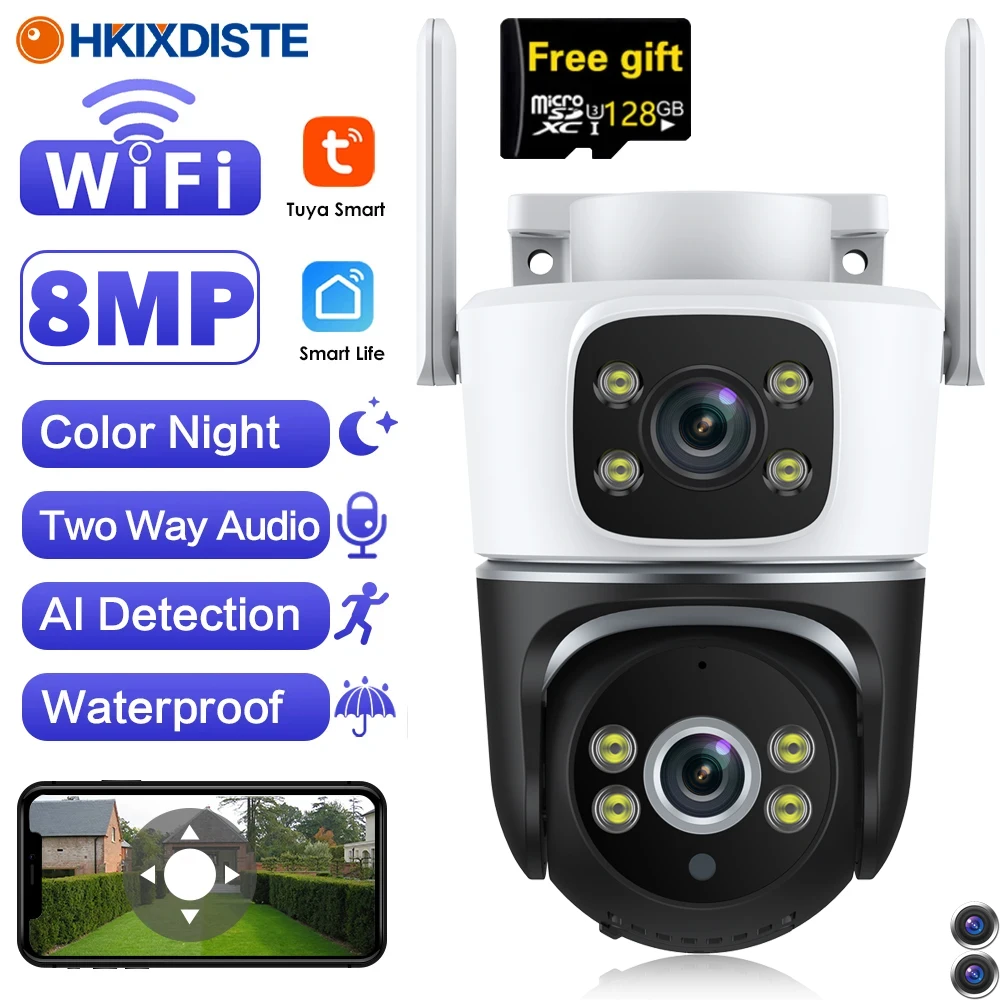 Inteligentna kamera wideo Tuya WIFI z podwójnym obiektywem 8 MP 4K Wi-Fi Kamery IP bezpieczeństwa Outdoor 360°° Bezprzewodowe CCTV PTZ z