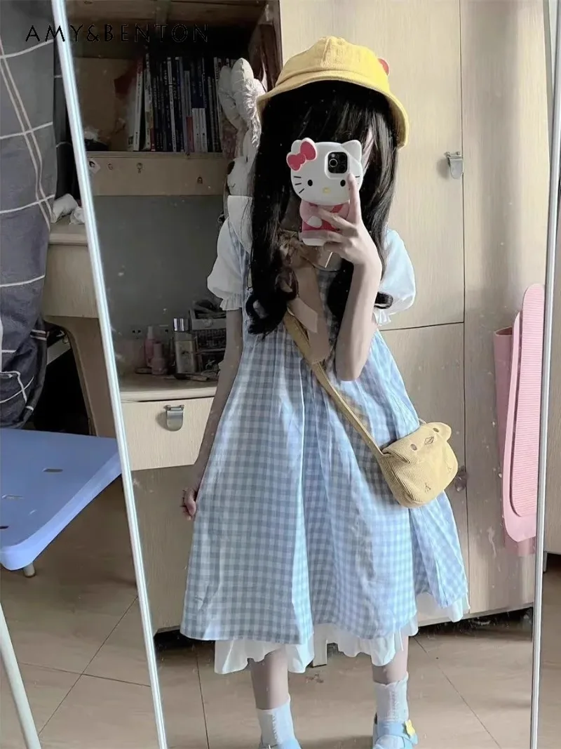 

Summer College Style Sweet and Cute Plaid Lace Edge Thin Age-reducing Short-sleeved Dress For Women