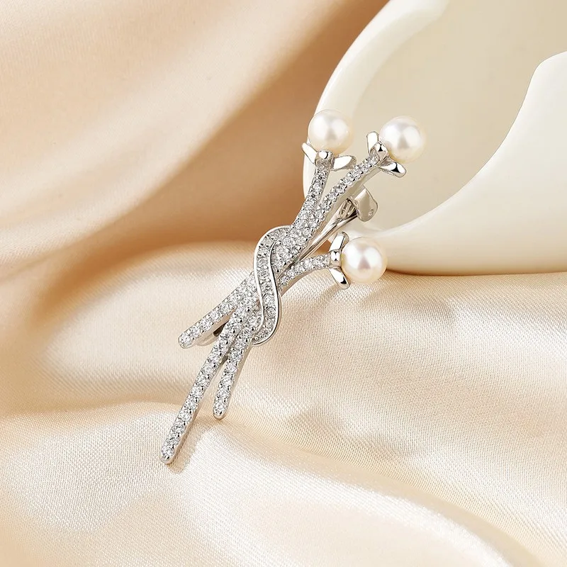 XZ-1 ZFSILVER 925 Silver Fashion Trendy Luxury Elegant Diamondset Flower Freshwater Pearl Brooch For Women Wedding Jewelry Girls