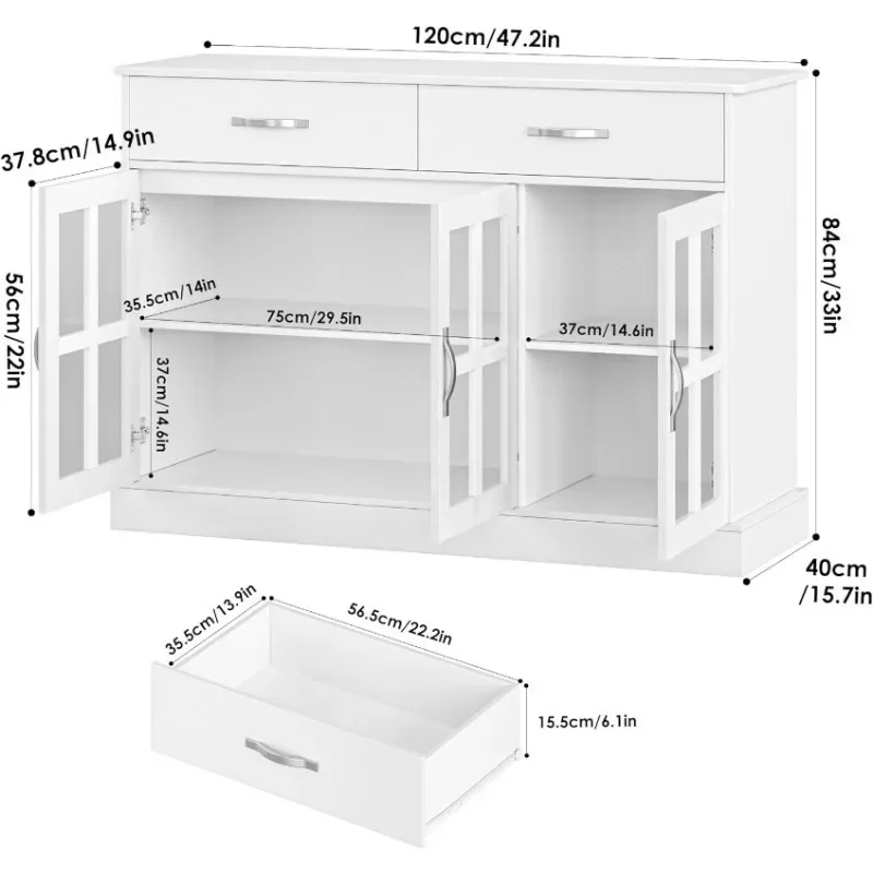 Aparador Buffet Cabinet with Glass Doors, Kitchen Sideboard, Buffet Table with 2 Storage Drawers and Prateleiras