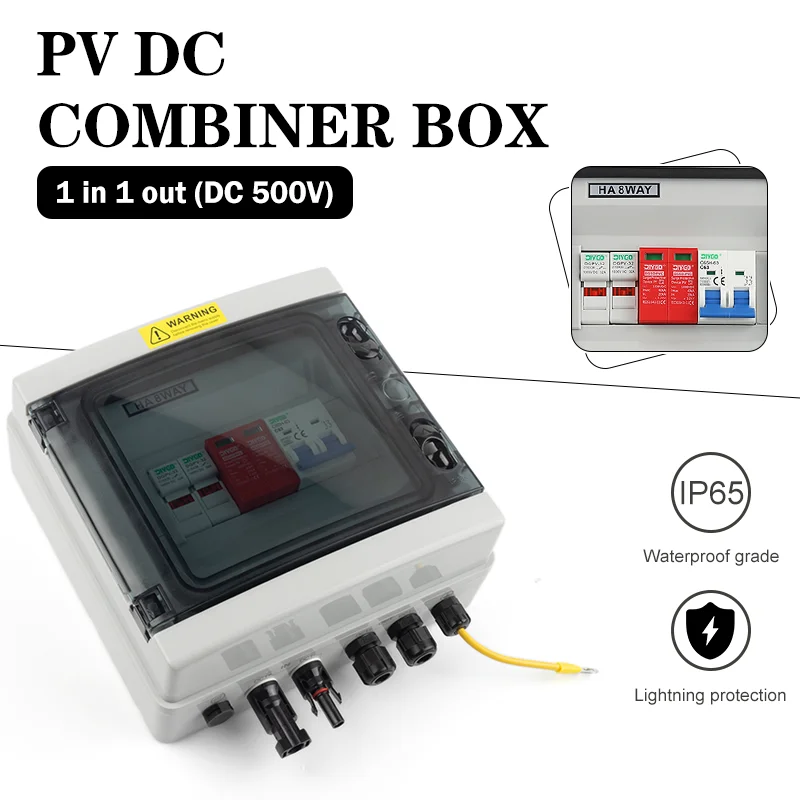 PV 500V 1 In 1 Out Combiner Box IP65 Waterproof Solar Photovoltaic Lightning Protection DC Fuse MCB SPD Rainproof Dustproof Box