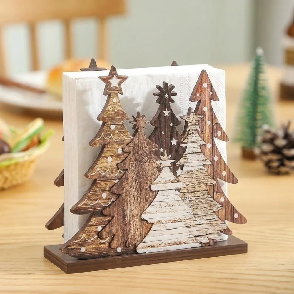 Wooden Christmas Napkin Holder Christmas Nativity Scene Pattern 2D Flat Tissue Organizer Angels Design Christmas Tree
