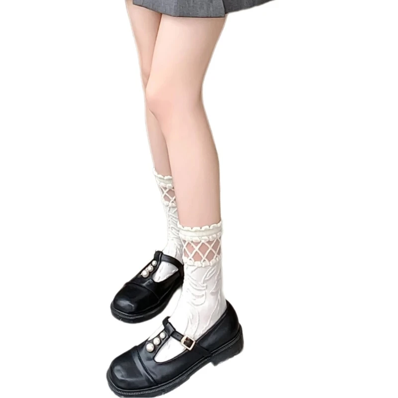 Women JK Girl Elegant Flower Embossed Pattern Ankle Socks Japanese Mesh Splicing Sweet Ruffle Frilly White Socks