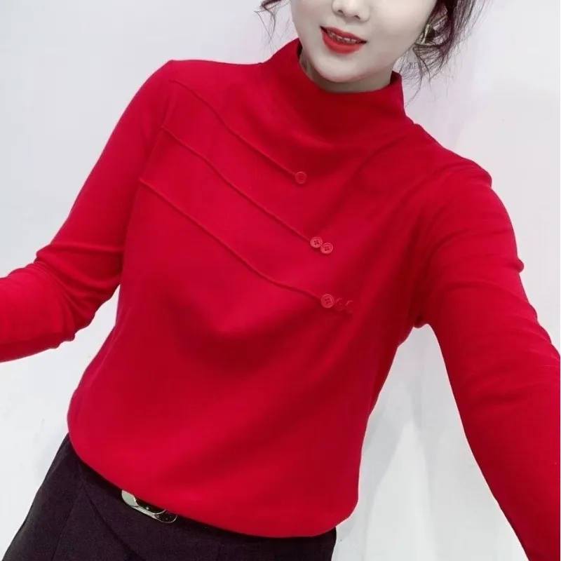 Spring/autumn Women's Pullover Turtleneck Bright Line Decoration Solid Button Long Sleeve T-shirt Office Lady Slim Casual Tops