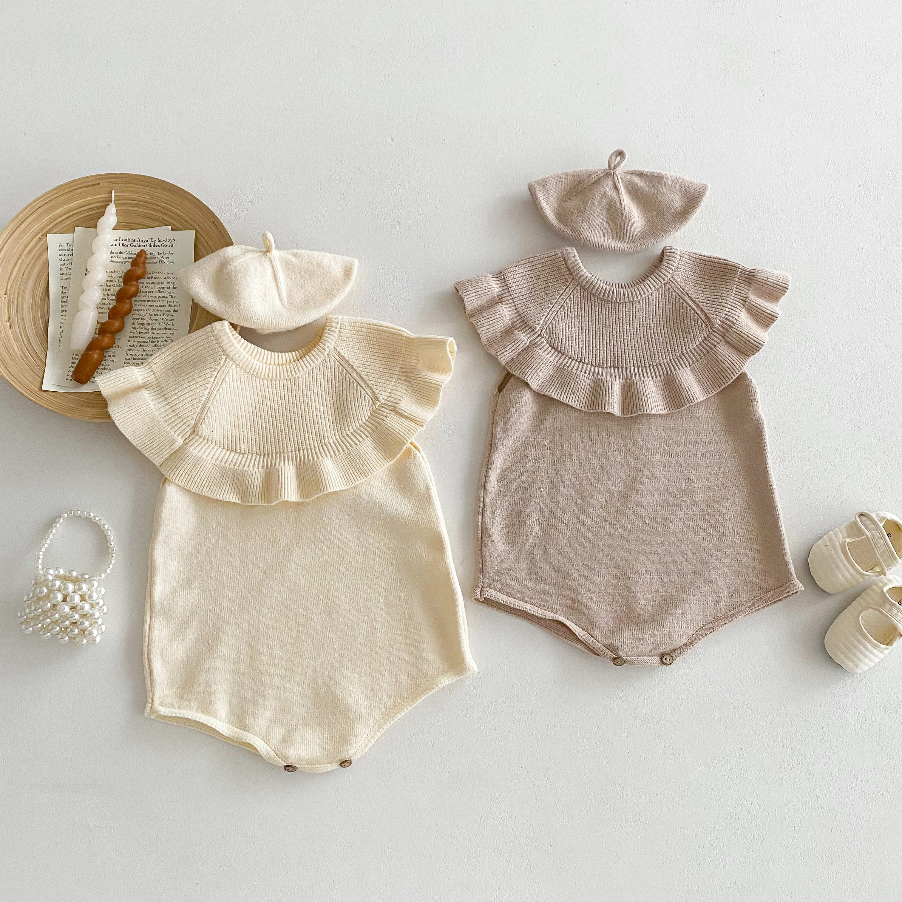 Spring  Autumn Baby Girls Knit Romper Solid Color Infant Bodysuit with Hat Sweet Baby Clothes 0-24M