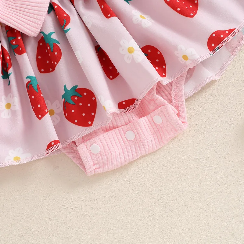 3 to 24 Months Baby Girls Ribbed Bodysuit Strawberry Print Long Sleeve Jumpsuit Bow Headband Outfits Baby Clothing