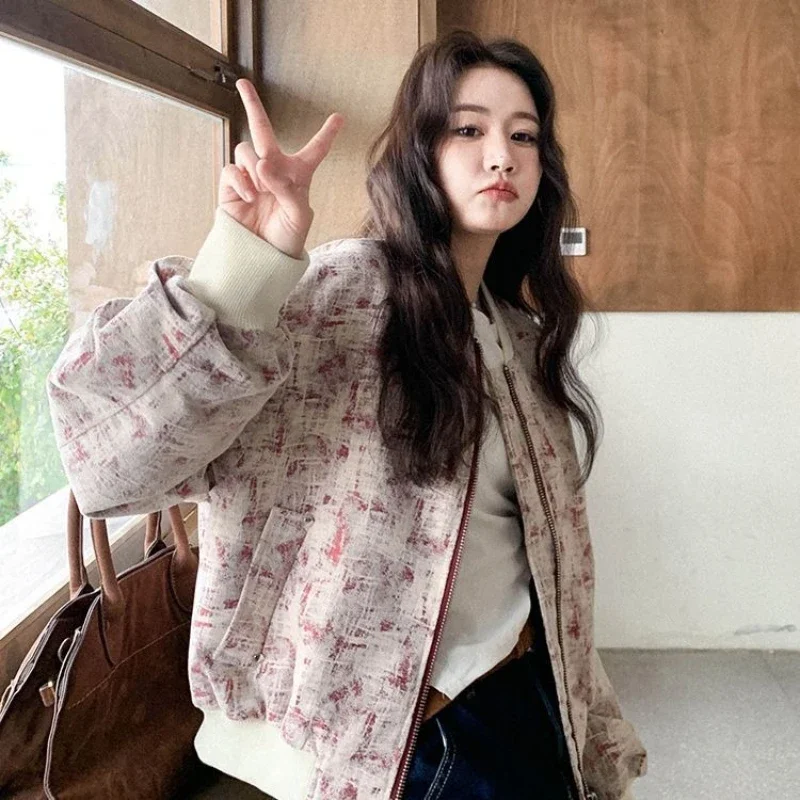 ​ 2025 novo estilo coreano jaqueta de beisebol feminina com impressão na moda solto ajuste petite outono outerwear venda quente ​