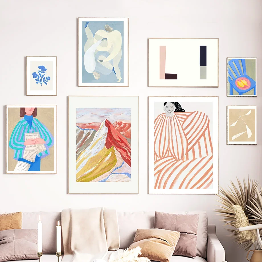 

Abstract Striped Girl Book Blue Flower Geometry Posters And Prints Wall Art Canvas Painting For Living Room Decorative Pictures