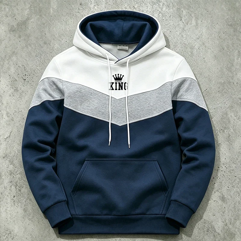 Autumn Winter Casual Sports Fashion Tops 2026 King Print Men's Hoodies High Quality Color-blocking Hooded Long Sleeve Sweatshirt