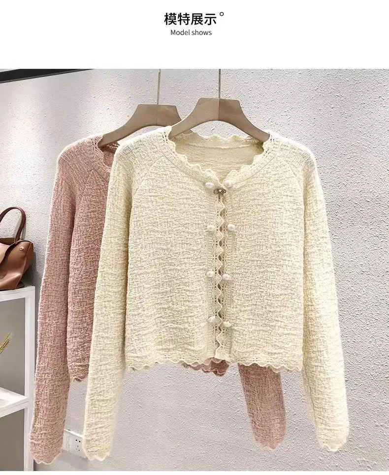 Early Autumn Short Jacket Women 2024 New Black Ear Collar Loose Long Sleeve Knitted Shirt Top Cardigan Sweater Women Outerwear