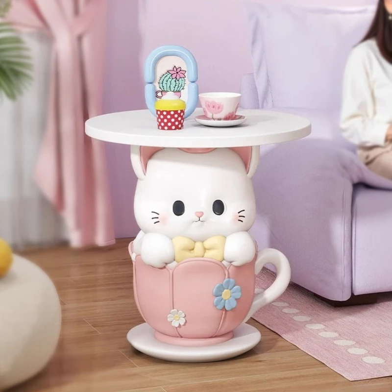 Kawaii Room Decor Coffee Table Sofa Side Table Girl Bedroom Nightstand Cartoon Cat Floor Decoration Cream Living Room Furniture