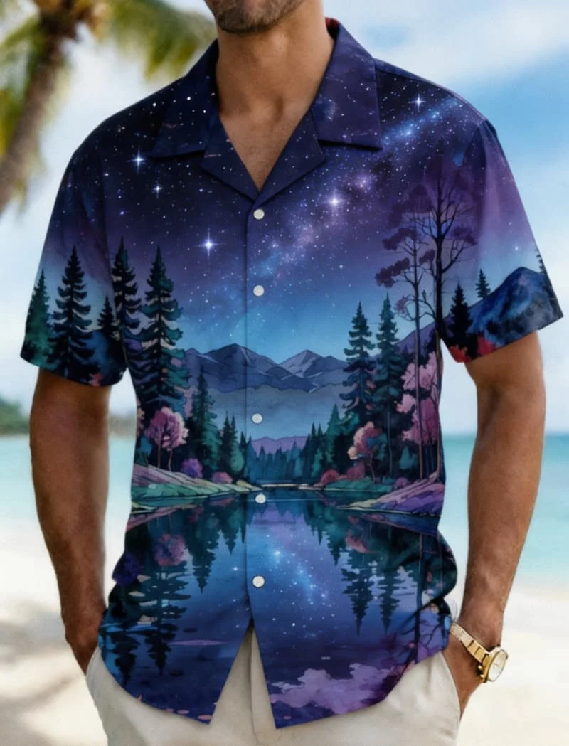 Men's watercolor art landscape print shirt, suitable for summer vacation, beach travel, daily travel, and casual wear