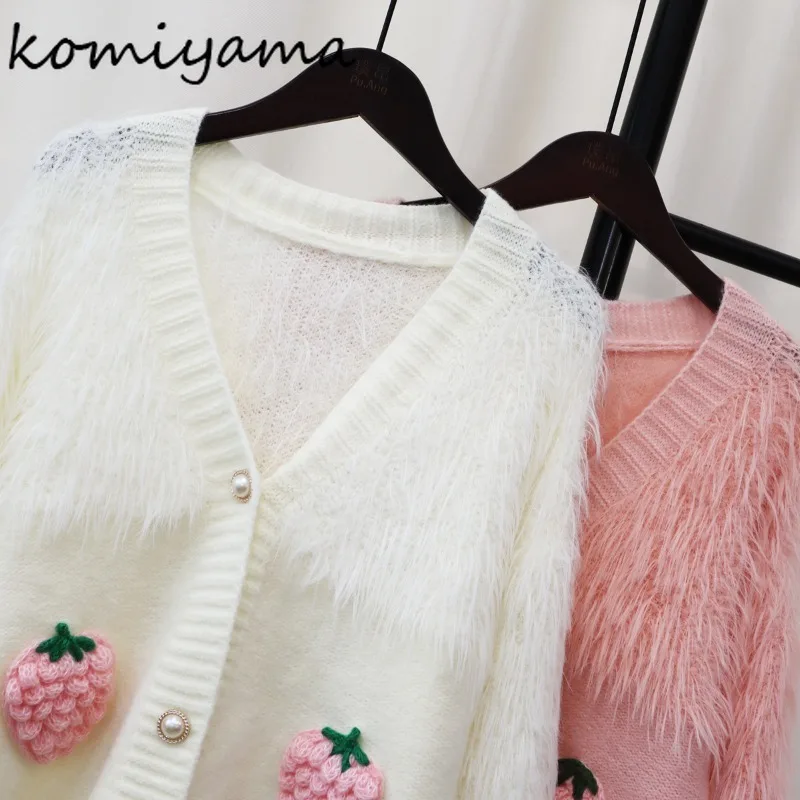 Komiyama Spliced Strawberry Cardigans Femme Sweet Fashion Sweater Spring Womens Clothing Exquisite Button Knitwears Tops