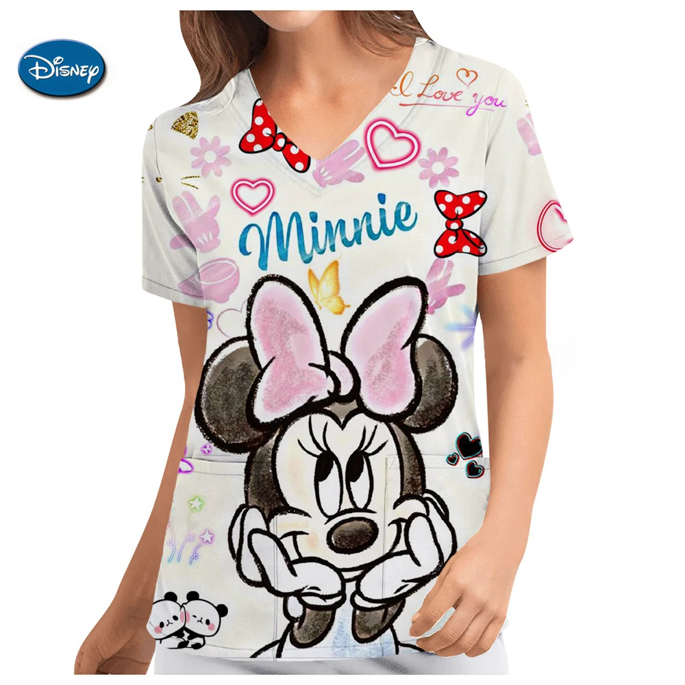 

Disney Uniform Women's Cartoon Mickey Mouse 3D Print Nurse Work Shirt Pocket Gown Christmas Healthcare Nurse Scrubs