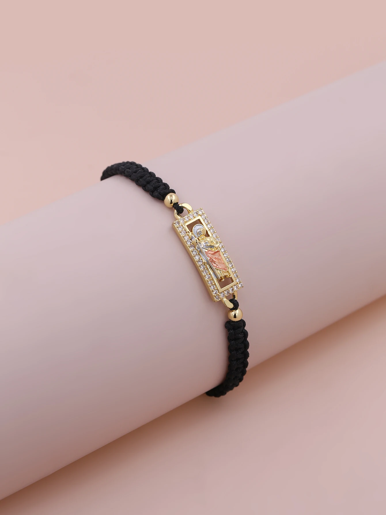 Retro Versatile Zircon Plated Gold Copper Rectangular Virgin Handwoven Adjustable Push Pull Cord Women Religious Bracelet