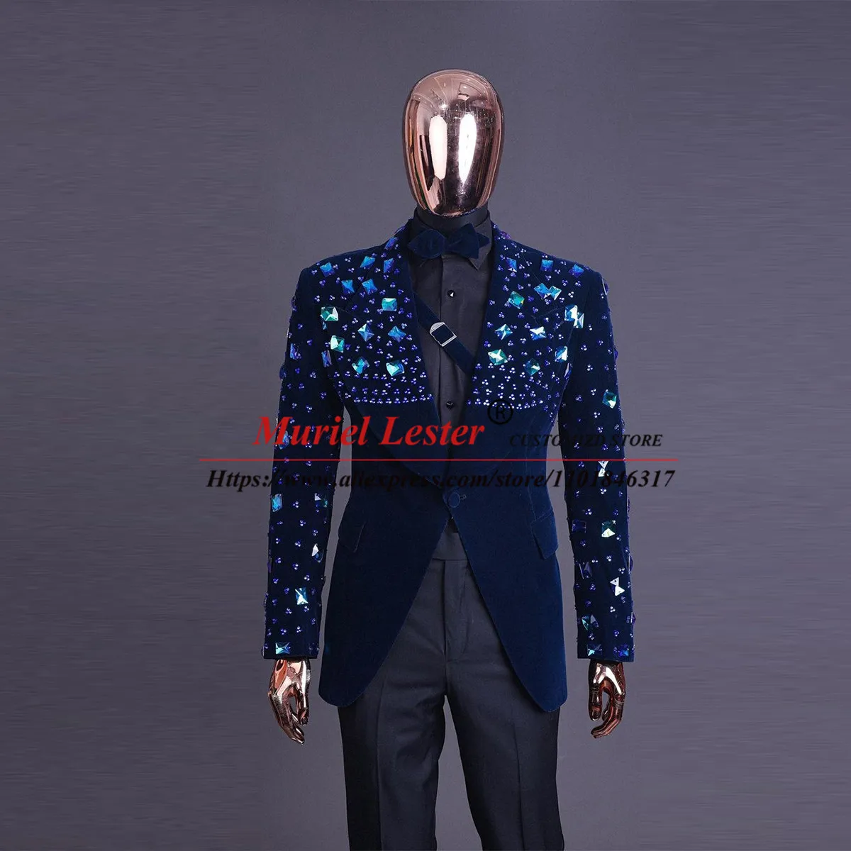 

Luxury Men Suits For Wedding Navy Velvet Beads Blazer Custom Made 2 Pieces Single Breasted Jacket Black Pants Groomsman Tuxedo