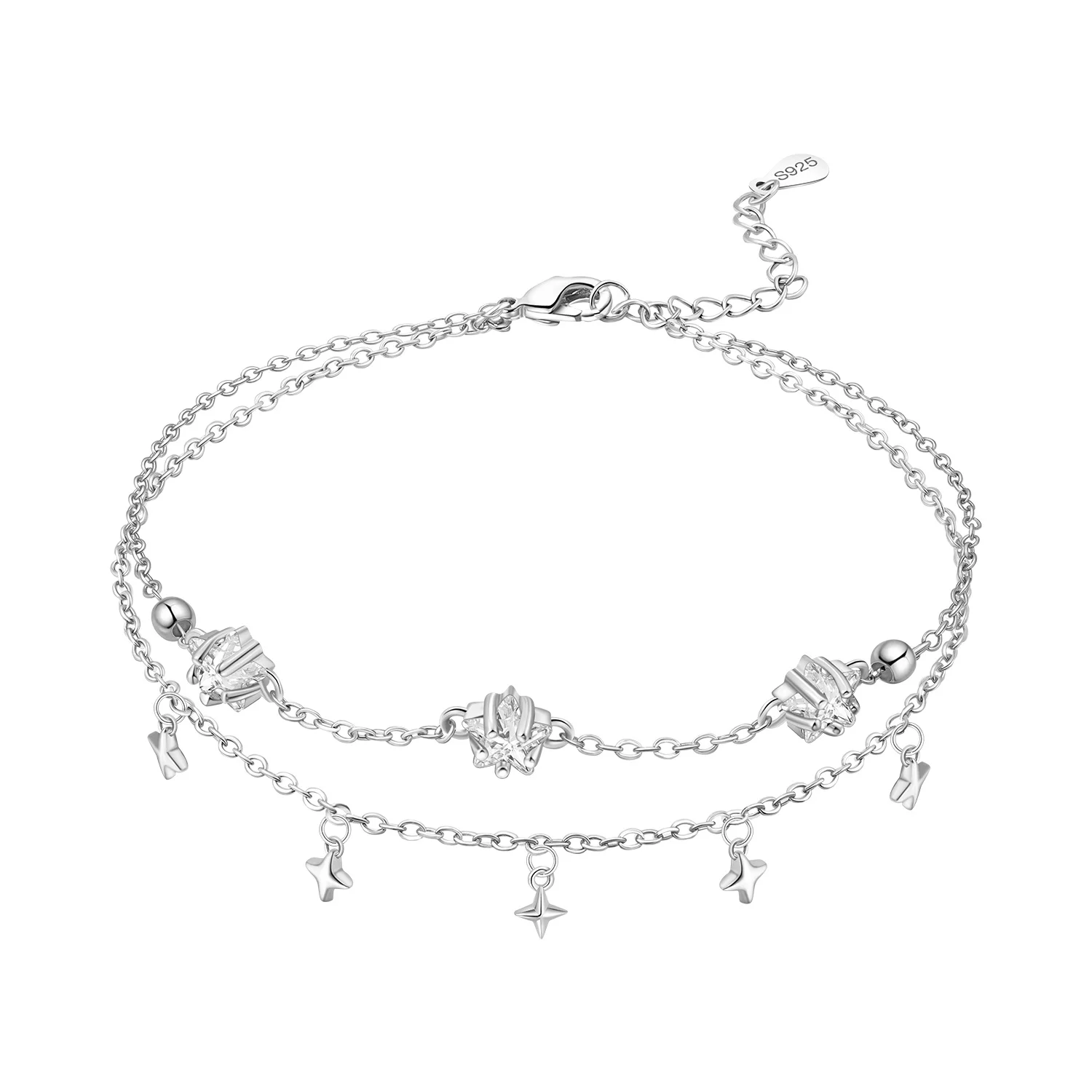 Women's S925 Sterling Silver Double Star Shaped Chain Anklet