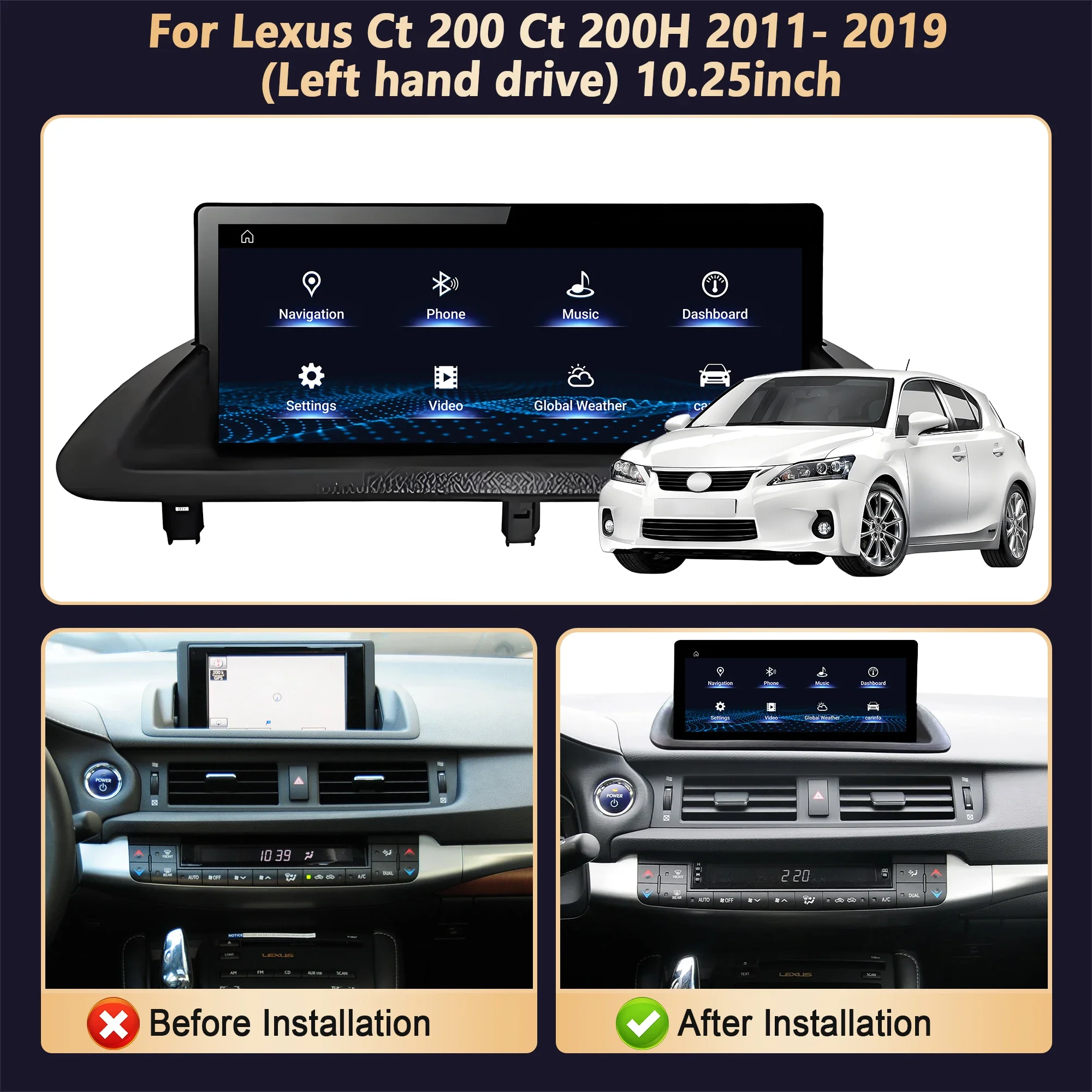 10.25inch Split Screen GPS Navigation For Lexus Ct 200 Ct 200H 2011- 2019 Android 14 Car Radio Multimedia Snapdragon 680 Carplay