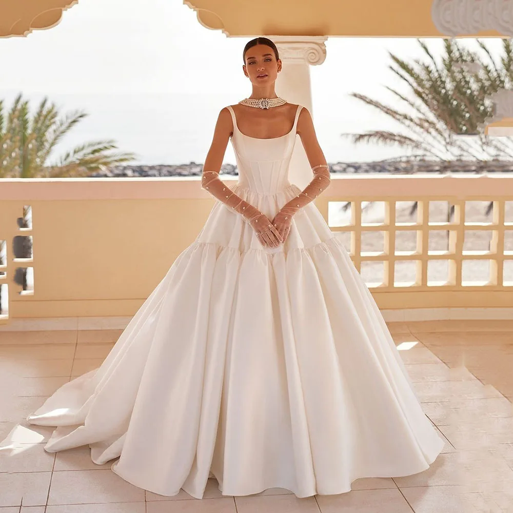 Bellissimi abiti da sposa da donna a-line abiti da sposa classici con superficie in raso luminoso abiti da fidanzamento semplici e graziosi Vestidos De Novias